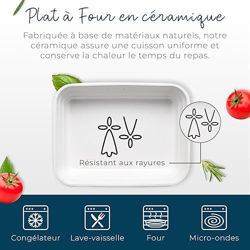 ESPRIT DE CUISINE - Plat À Four Rectangulaire En Céramique - Décor Hermine Bretonne - Cuisson Homogène - Émail Résistant Aux Rayures - Made In France - 3,5L - 33x24,9x7cm Extérieur - Blanc - Nail Gallerys
