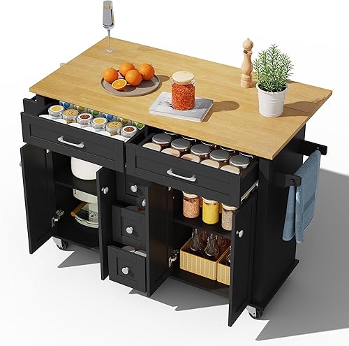 Chariot de cuisine multifonction avec plan de travail pliable, 120 x 65 cm, extensible, avec 5 tiroirs, armoires, porte-épices et porte-serviettes, sur roulettes, îlot de cuisine pour cuisine, salle à - Nail Gallerys