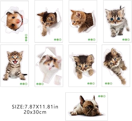 Zfseyuh 9 Pièces Stickers Chat 3D Muraux Mignon - Autocollants Chiens pour WC, Frigo - Décoratifs Amovibles Imperméables pour Salle de Bain - Nail Gallerys