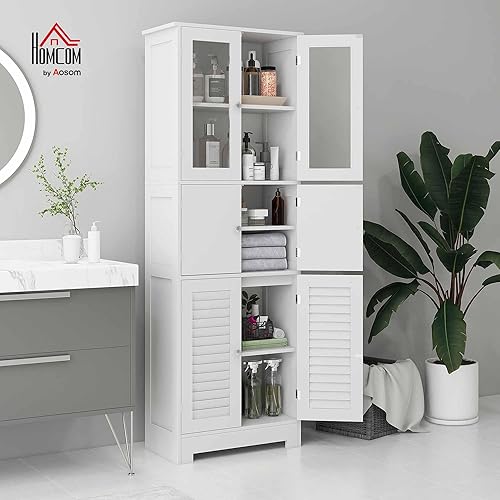 HOMCOM Armoire Colonne de Salle de Bain avec 3 placards avec 2 Portes, Armoire Polyvalente avec Portes en Verre et Volets, 60x30x170.5cm, Blanc - Nail Gallerys
