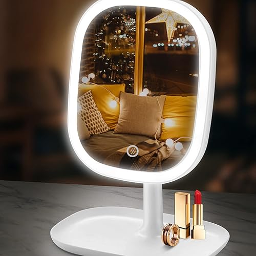 Zjyufy Miroir de maquillage avec lumière, miroir de courtoisie rond, miroir de maquillage lumineux avec éclairage 3 températures de couleur pour coiffeuse, bureau, salle de bain, chambre à coucher - Nail Gallerys