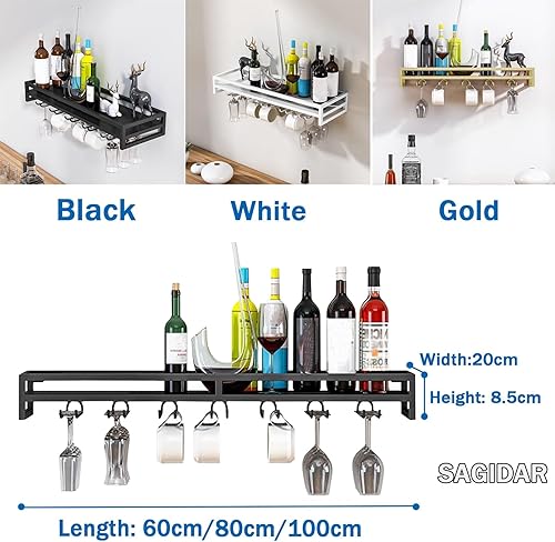 SAGIDAR Support en Fer pour Verre Vin, Porte Verres Suspendu 60/80/100cm, Casiers À Vin Muraux Flottants, Noir/Blanc/Or, Fixation par Vis, Capacité De Charge Élevée, pour Café Bar Restaurant - Nail Gallerys