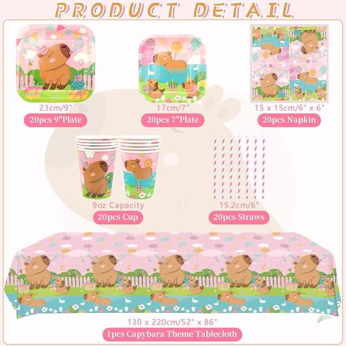 Obussgar Capybara Décoration de fête rose – Accessoires de vaisselle Capybara pour fête d'anniversaire comprenant assiettes, tasses, serviettes, nappe, pailles – Pour 20 personnes - Nail Gallerys
