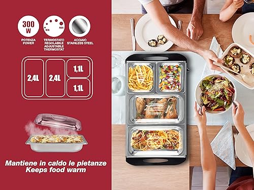 BEPER P101TEM001 Chauffe-buffet, Acier inoxydable, 4 plateaux amovibles, Thermostat de température, Voyant de fonctionnement, Idéal pour les buffets - Nail Gallerys