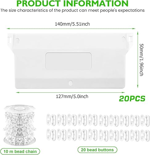 Lot de 20 lamelles de rideau à lamelles avec chaîne de 10 m et 20 boutons de perles - Pièce de rechange de 127 mm - Panneaux de lestage - Pièce de rechange pour rideau, porte, fenêtre - Blanc - Nail Gallerys