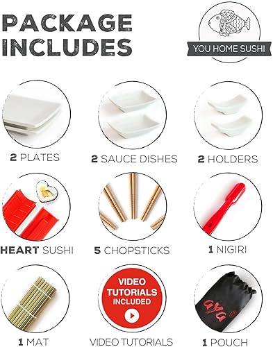 Aya Sushi Lover Set - Kit de Préparation Sushi - Maki et Nigiri Kit Sushi - Sushi en Forme de Coeur - Natte et baguettes en Bambou 100% Naturel - Plats de Service pour Sushi - Tutoriels Vidéo - Nail Gallerys