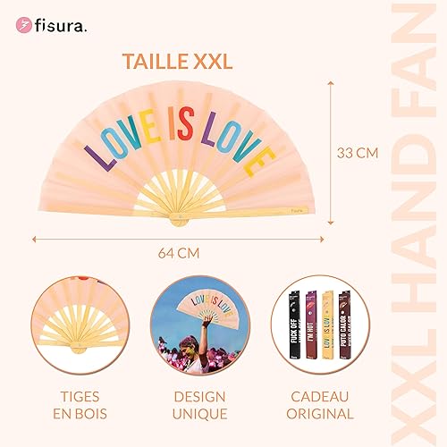 Fisura – Grand éventail Pliable “Love is Love”. Éventail Original avec Grand Message Arc-en-Ciel XXL. Éventail Pliable en Bambou. Dimensions : 64 x 33 centimètres., AHX2410390 - Nail Gallerys