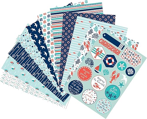 Clairefontaine 95815C - Bloc de 20 Feuilles à Motifs en Papier Cartonné 200g + Stickers Alphabet + Étiquettes à découper - Format A5 (14,8x21cm) – Papier Scrapbooking Loisirs Créatifs - Grand large - Nail Gallerys