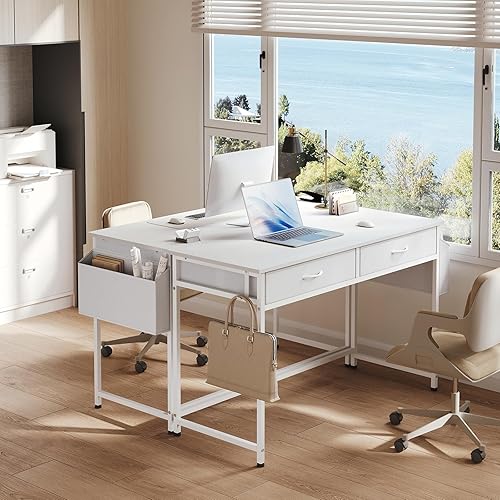 Klihome Bureau Blanc Informatique avec 2 Tiroirs, Petit Table Bureau avec Rangement - 1 Crochet et 1 Panier, Idéal pour Chambre ou Salon, 100 x 48 x 75 cm - Nail Gallerys