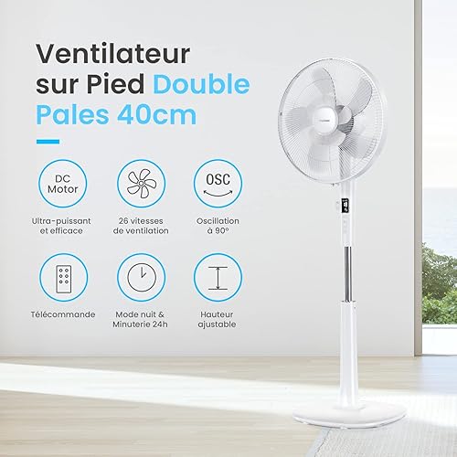 Pro Breeze Ventilateur sur pied Silencieux & Programmable, 26 Vitesses, 3 Modes de Fonctionnement, Ventilateur Oscillant 90°, Hauteur Réglable, Diamètre de 40 cm, Télécommande - Blanc - Nail Gallerys