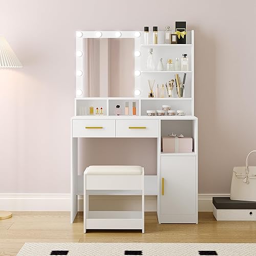 Hzuaneri Coiffeuse avec Tabouret de Toilette Souple,avec Miroir et 10 Lumières LED Réglables, Table de Maquillage avec 2 Tiroir et 1 Armoire, Blanc DT32503D - Nail Gallerys