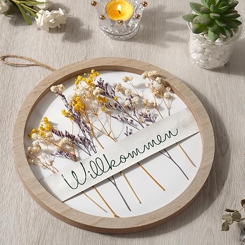 JUJOYBD Couronne de porte ronde avec fleurs séchées - 26 cm - Couronne décorative avec cadre en bois - Décoration murale bohème à suspendre pour porte d'entrée, salon, fenêtre - Nail Gallerys
