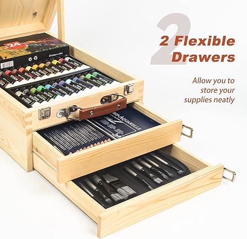 Spardar Chevalet de Table en Bois avec 2 Tiroir et 55 pcs Kit Peinture, Incluez 24 Peintures Acryliques, 10 Pinceaux, 12 Crayons de Couleur et Autres Fournitures D'art pour Artistes Enfants Débutants - Nail Gallerys
