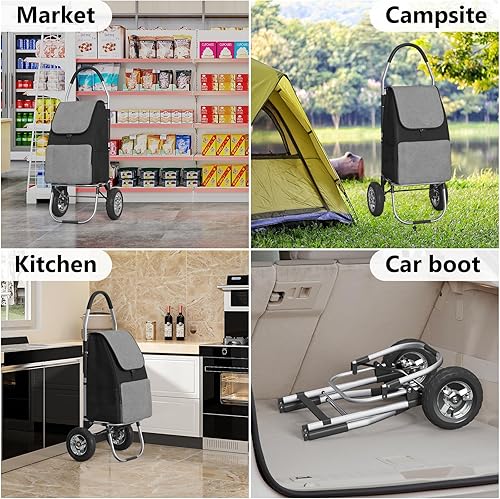 DROMEZ Chariot de Courses Pliable 50L, Caddie de Courses Grande capacité 2 Roues, 2 en 1 Shopping Trolley Noir et Gris Poussette de Marché avec Sac de Courses Amovible, Cadre en Aluminium - Nail Gallerys