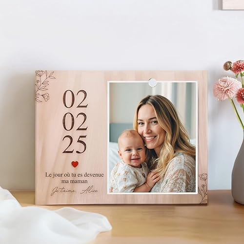 Cadeau Fête des Mères – Cadeau Maman cadre gravé bois avec photo, prénom, date et message 'Le jour où tu es devenue ma maman' – Cadeau touchant pour femme, jeune maman ou souvenir de naissance - Nail Gallerys