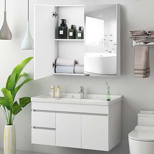 LIFEZEAL Armoire avec Miroir de Salle de Bain, Armoire Murale avec 2 Portes et 2 Étagères, Meuble WC Suspendu, 62 x 11,3 x 65 cm, pour Salle de Bain, Chambre à Coucher, Blanc - Nail Gallerys