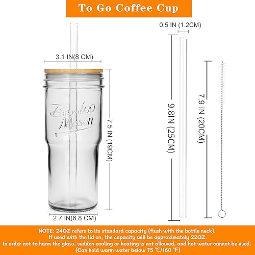ANOTION Lot de 4 tasses en verre avec couvercles et pailles, tasse à café de voyage de 710 ml à large ouverture, pot Mason pour café glacé, smoothie, tasse à thé, tasse à eau, verres à eau - Nail Gallerys
