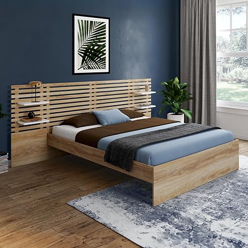 IDMarket - Lit Double Amalia avec tête de lit, étagères suspendues et sommier 140 x 190 cm hêtre et Blanc - Nail Gallerys