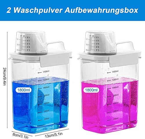 W&H Lot de 2 boîtes de rangement pour poudre à lessive de 1800 ml, distributeur de lessive avec verre doseur, aide au dosage de lessive hermétique, boîte de lessive pour adoucissant, céréales - Nail Gallerys