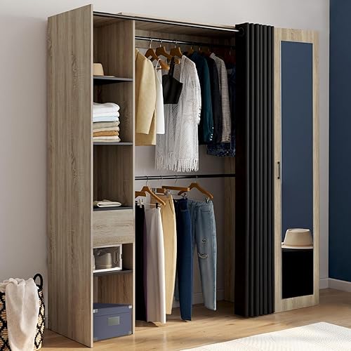 IDMarket - Dressing Extensible Madison 145/170 x 50 x 180 cm hêtre avec étagères + Double penderie + Miroir + Rideau Noir - Nail Gallerys