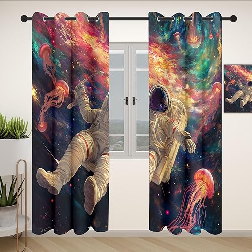 Tyafsgvqo Astronaute Méduse Rideau 118x138 cm Isolant Thermique, Rideau Galaxie Nébuleuse Univers Onirique - Rideaux Lot de 2 à Oeillets, Occultant Phonique Anti Bruit, pour Chambre, Fenêtre de Salon - Nail Gallerys