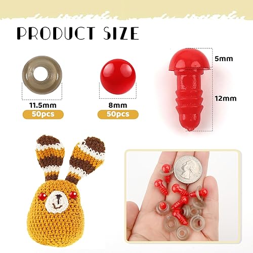 TOAOB 50pcs Yeux de Sécurité 8mm Yeux de Poupées d'animaux Peluche en Plastique Rouge avec 50pcs Rondelles pour Fabrication de Poupées Marionnettes Animales Tricotées - Nail Gallerys