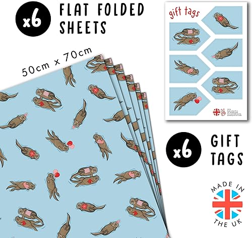 Central 23-6 feuilles de papier d'emballage - loutres d'anniversaire - emballage cadeau bleu pour hommes femmes - amis - recyclable et fabriqué au Royaume-Uni - Nail Gallerys