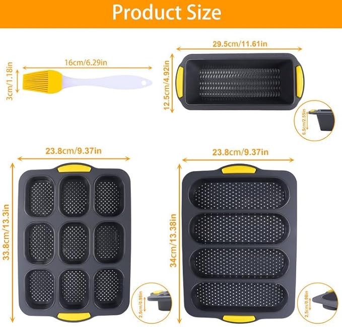 3 Pièces Silicone Moule a Baguette, Moule a Pain, Moule Perforé Antiadhésif, Plateau à Baguette 4 Grilles, Mini Baguette Plaque à Pâtisserie 9 Grilles, Avec Brosse à Huile, pour le Pain Français - Nail Gallerys