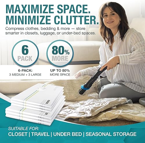 Gillkir Lot de 6 sacs de rangement sous vide assortis comprenant 3 grands et 3 sacs moyens à compression sous vide pour vêtements, literie – Sacs à fermeture éclair transparents durables - Nail Gallerys