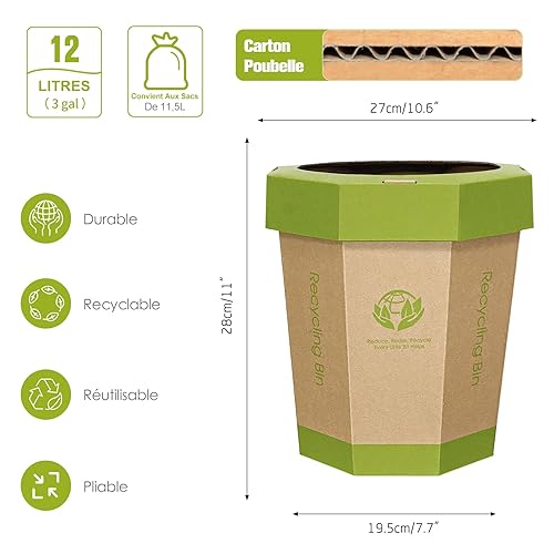 5-Pack Poubelles en Carton (12L) Réutilisables, Pliables, Recyclables, Sans Plastique - Petites Corbeille Papier & Toilettes d'Urgence pour Enfants - Pour Bureau, Bureau Enfant, Chambre (Garçon/Fille) - Nail Gallerys