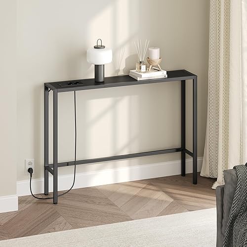 MAHANCRIS Table d’Appoint de 100 cm, Table d’Entrée avec Prises et Ports USB, Bout de Canapé étroit, Cadre Métallique, Pieds Réglables, pour Couloir, Salon, Chambre, Marron et Noir ACTHR968UE01S2 - Nail Gallerys