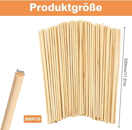 Lot de 200 bâtonnets ronds en bois naturel - Pour barbe à papa - Bâtons ronds en bois pour le bricolage, l'artisanat et le bricolage (300 mm x 3 mm) - Nail Gallerys