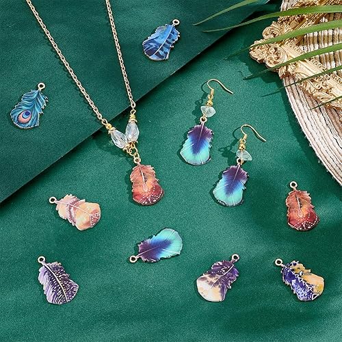 PH PandaHall 32pcs 8 Couleurs Breloques Plumes Pendentifs Plumes Breloques Feuilles Style Vintage Imprimé Breloques Émaillées pour la Fabrication de Bijoux 3.2x2cm Trou: 1.8mm - Nail Gallerys