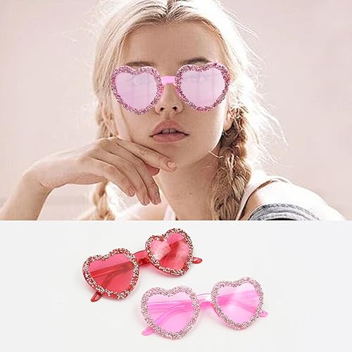 Zequech Lot de 2 paires de lunettes roses en forme de cœur avec strass - 56 mm de large - Accessoire idéal pour les fêtes sur la plage d'été et les photos cool - Convient pour tous les sexes - Nail Gallerys
