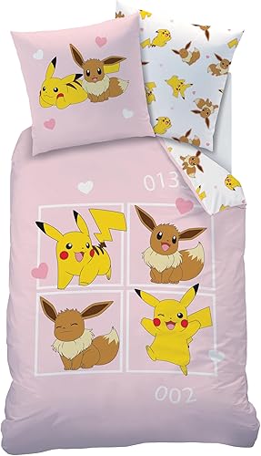 Pokemon EVOLI Parure de lit Enfant | 100% Coton | Oeko-TEX | Housse de Couette 140x200cm + Taie d'oreiller 63x63cm | Imprimé Fille | Rose - Nail Gallerys