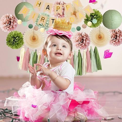 Décorations d'anniversaire vert olive et rose, vert sauge et rose poudré, pompons roses poudrés, décorations de fête d'anniversaire bohème vert sauge avec guirlande de pompons verts et roses pour - Nail Gallerys