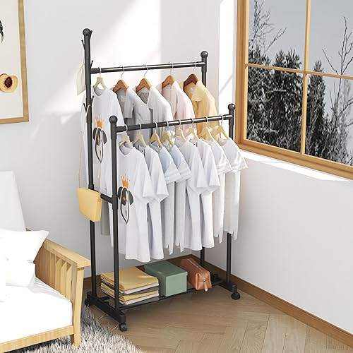 Ergocar Portant a Vetement à Double Rail, Portant Vetement en Métal, Porte-vêtements Multifonctionnel avec Roulettes, Porte Manteau Minimaliste, pour Vêtements, Sacs, Chapeaux, Chaussures - Nail Gallerys