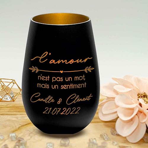 Photophore en Verre personnalisé - Amoureux - Saint Valentin – Blanc/Or - Cadeau de Mariage pour Homme et Femme - Personnalisable avec nom et Date – mariée - Nail Gallerys