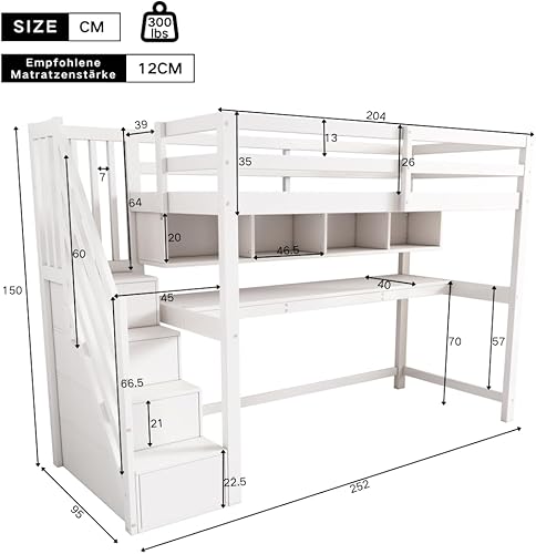 Seyakany Lit Mezzanine Enfant avec Bureau et étagères,escalier de Rangement,lit Enfant 90x200cm avec échelle de Rangement et Garde-Corps,Bois Massif + MDF (Blanc + Chêne) - Nail Gallerys