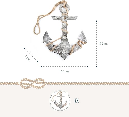 Décoration Ancre Murale en métal: Ancre déco Marine argentée avec Corde, décoration Murale mer, déco Salle de Bain Marine, décoration Bord de mer intérieure, Ancre Bateau décoration, 29 x 22 x 1 cm - Nail Gallerys