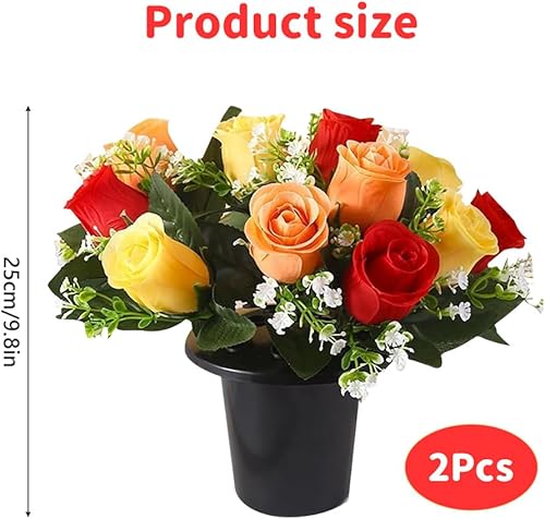 Hojalis Lot de 2 fleurs artificielles pour tombes funéraires en pot - 12 têtes de roses funéraires - Pots de 25 cm avec rose artificielle - Fleurs tombales pour cimetière, commémoration, décorations - Nail Gallerys
