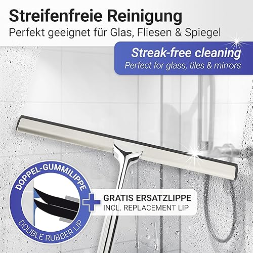 WENKO Raclette de Douche Terni Plus, raclette Salle de Bain avec Support Mural, Fixation sans perçage adhésive Turbo Loc, Surfaces murales, Zinc - Double Lame Caoutchouc, 24,5x16,5 cm, Brillant - Nail Gallerys