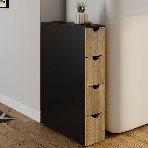 IDMarket - Tour de rangement 4 tiroirs WILO sur roulettes colonne gain de place noir et façon hêtre - Nail Gallerys