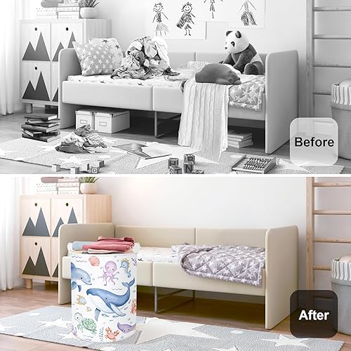 HUUMONSS Grand Paniers à Linge Animaux Marins pour Garçon Fille Repliable Panier Rangement Jouets Vêtements pour Salle de Bain Chambre à Coucher, Baleines Bleues, 63L - Nail Gallerys