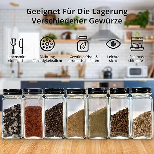 Cheerhom Lot de 12 Pots à épices Carrés de 120 ml - bocaux à épices en Verre - Récipient à épices Avec Insert Dispersé, étiquettes, Entonnoir et Brosse (Noir) - Nail Gallerys