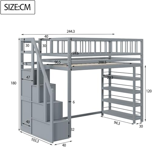 Seyakany Lit Mezzanine 1 Place Enfant 90 x 200 avec Armoire,lit superposé Enfant 90 x 200,lit Enfant avec Barriere,avec étagères et Espace de Rangement,échelle de sécurité,en Bois Massif (Wood) - Nail Gallerys