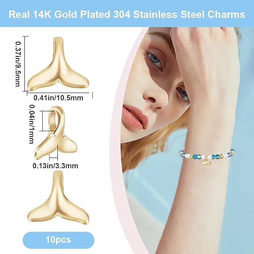 Beebeecraft 1 boîte de 10 breloques en Forme de Queue de Baleine en Acier Inoxydable Plaqué Or 14 carats Pendentifs en Forme de Queue de Poisson de Mer D'Océan D'Animaux Marins pour la Fabrication - Nail Gallerys