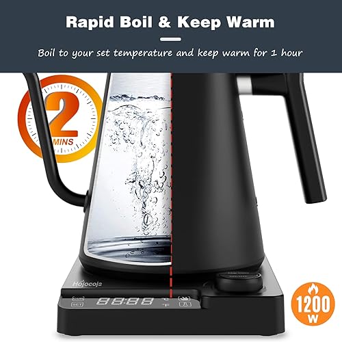 Bouilloire électrique 1L en acier inoxydable avec réglage de la température,col de cygne Bouilloire, fonction de chaleur 24 heures, bouilloire électrique avec affichage de la température,1200W Noir - Nail Gallerys
