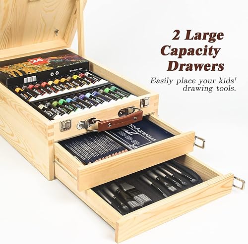 Chevalet de Table, Chevalet Bois Réglable Chevalet Peinture avec 55 Pièces Étui de Pinture de Luxe inclus 24 Peintures Acryliques Ensemble 12 Crayons 10 Pinceaux et Autres Outils de Peinture - Nail Gallerys