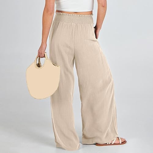 Unbekannt Pantalon en lin pour femme avec jambes larges - Été bohème - Jambe large - Taille haute - Pantalon de loisirs à pois avec poches - Petit pantalon pour femme - Jogging - Nail Gallerys